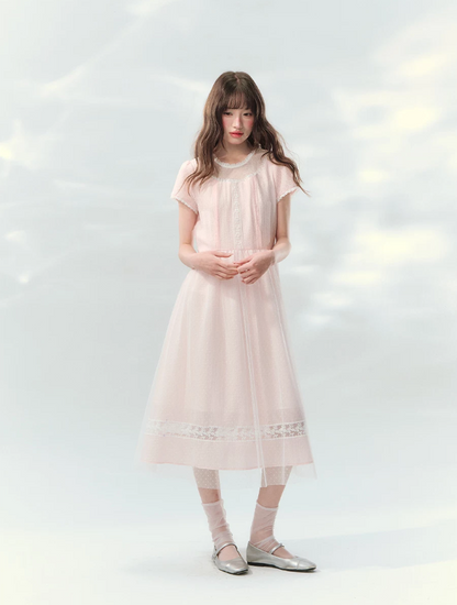 “Peach Bubble Romance” Pink Polka Dot Lace Midi Dress