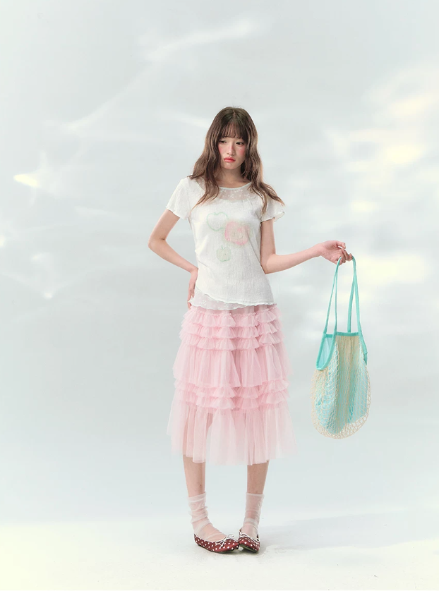 “Apple Mist Daydream” White Apple Print Ruched Tee