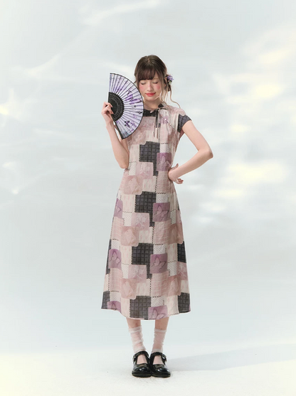 “Wisteria Poetry” Purple Patchwork Print Cheongsam Dress
