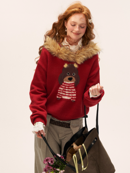 MAMC - Dog Fur-Trim Pullover Hoodie Sweater WE805 - Red