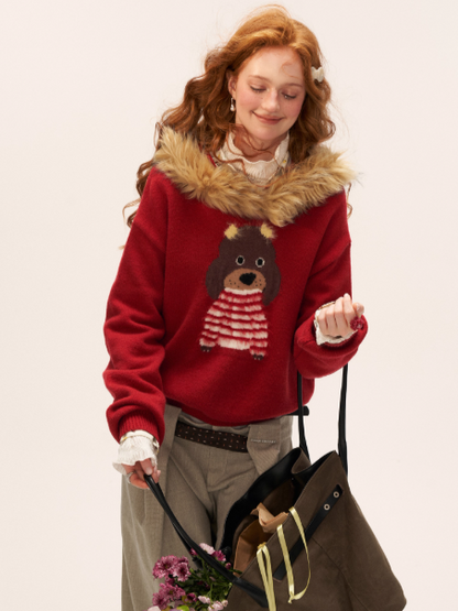 MAMC - Dog Fur-Trim Pullover Hoodie Sweater WE805 - Red