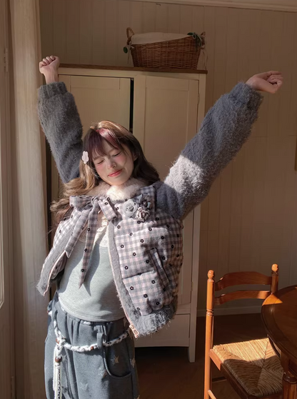 阮阮自制 - "Mist Isle Sakura" Faux-Layered Plaid Fur-Collar Puffer Jacket