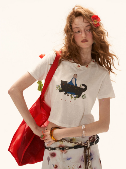 "Panther Reverie" Oil Painting Graphic Cropped T-shirt WE927