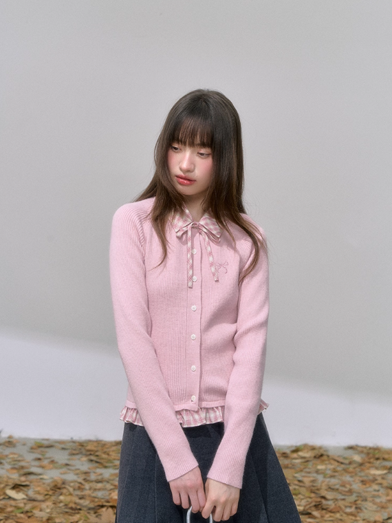 '素描与情书' Preppy Knit Sweater – Removable Plaid Collar + Bow Embroidery