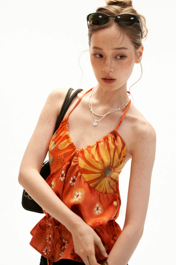 Sunset Bloom Halter Drawstring Top