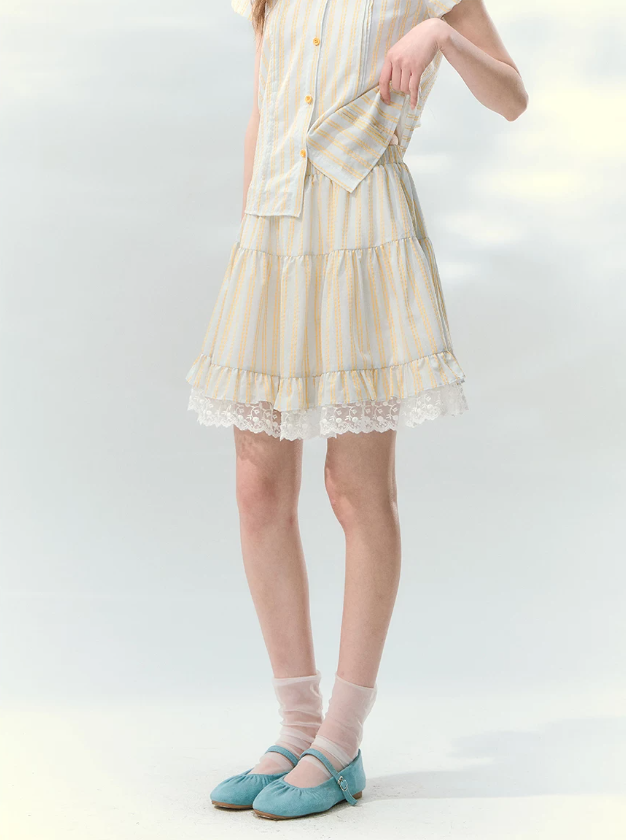 “Spring Lemon Breeze” Milk Blue Striped Shirt & Tiered Mini Skirt Set