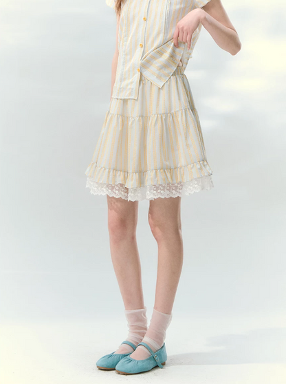 “Spring Lemon Breeze” Milk Blue Striped Shirt & Tiered Mini Skirt Set