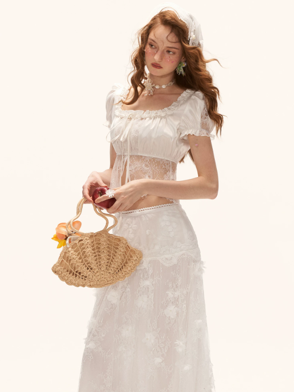 "French Lace Mood" Square Neck Puff Sleeve Top WE953