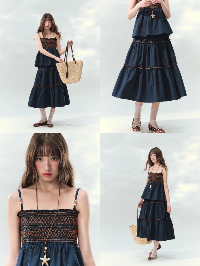 “Bohemian Travel Notes” Navy Beaded Cami & Tiered Maxi Skirt Set