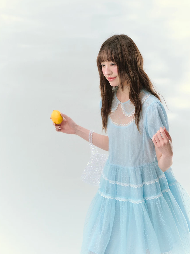 “Ice Blue Polka Dream” Blue Polka Dot Tiered Mini Dress