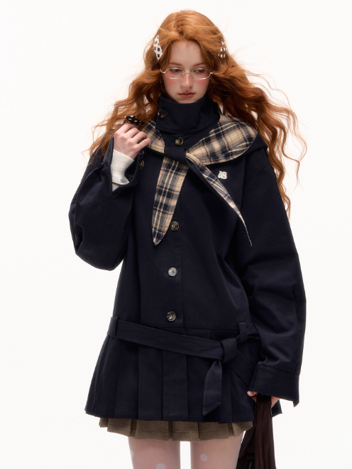 ASGONY - Preppy Bunny Collar Jacket with Removable Plaid Ears (Navy Blue)