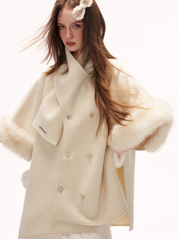 MAMC - White Scarf-Trim Faux Fur Cape Jacket WE889