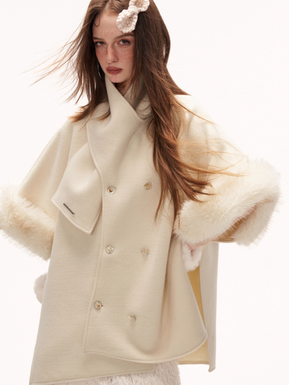 MAMC - White Scarf-Trim Faux Fur Cape Jacket WE889