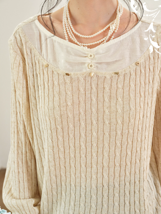 DAILY ARTIST - Almond Beige Lace-Trim Textured Knit Top