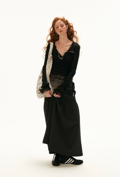 MAMC - Black Wool-Blend Lace Wrap Cardigan with Ruffle Sleeves