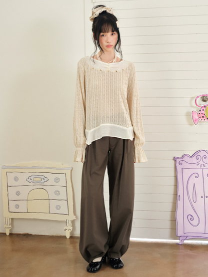 DAILY ARTIST - Almond Beige Lace-Trim Textured Knit Top