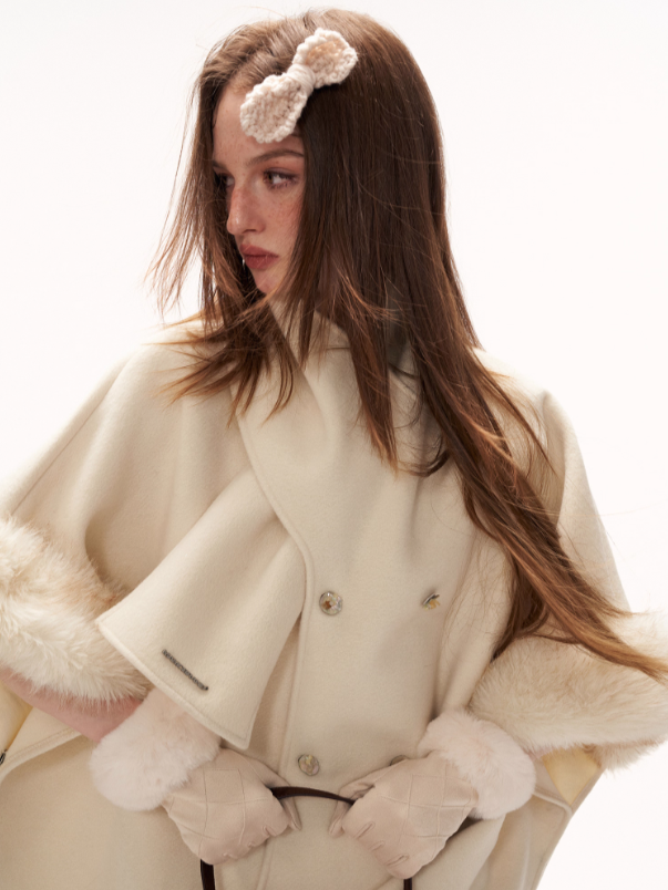MAMC - White Scarf-Trim Faux Fur Cape Jacket WE889