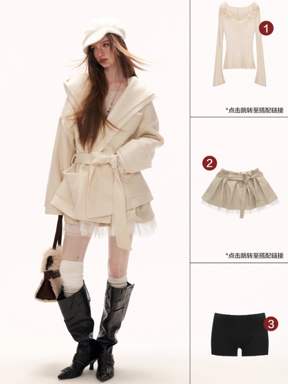 MAMC - White Double-Hood Wool Blend Tie Coat WE896