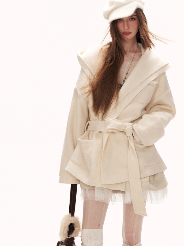 MAMC - White Double-Hood Wool Blend Tie Coat WE896