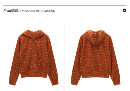 MAMC - Orange Polka Dot Textured Zip-Up Hooded Knit Cardigan