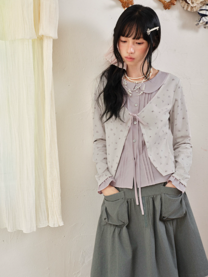 DAILY ARTIST - Purple Floral Faux-Layered Doll-Collar Knit Cardigan