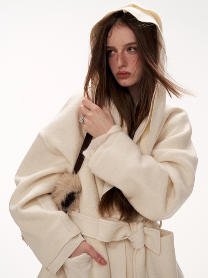 MAMC - White Double-Hood Wool Blend Tie Coat WE896