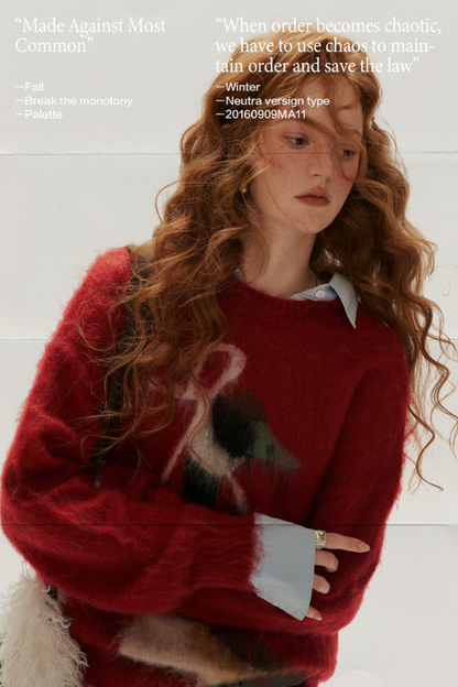 MAMC - Burgundy Bow Duck Jacquard Fuzzy Knit Sweater