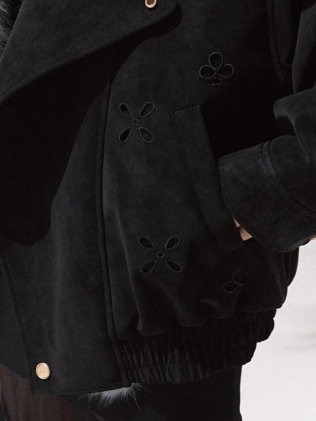 OAKMOO/ Quiet Black Faux Leather Jacket with Gradient Faux Fur Collar