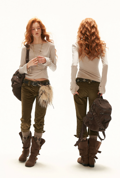 MAMC - Light Apricot Twisted Ruched Lyocell Long Sleeve Top