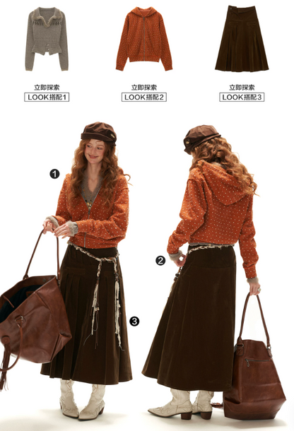 MAMC - Orange Polka Dot Textured Zip-Up Hooded Knit Cardigan