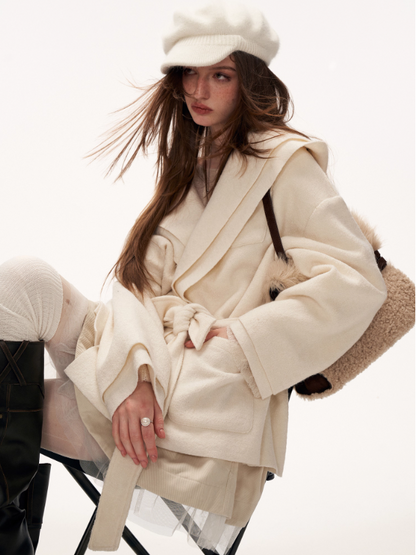 MAMC - White Double-Hood Wool Blend Tie Coat WE896