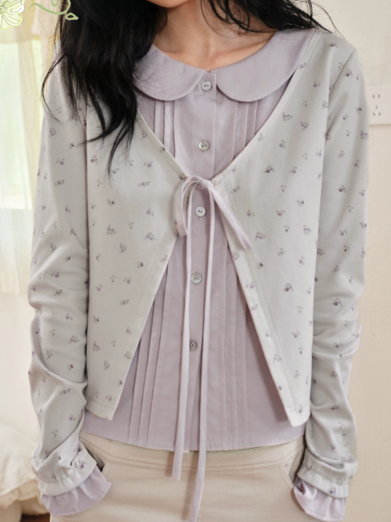 DAILY ARTIST - Purple Floral Faux-Layered Doll-Collar Knit Cardigan