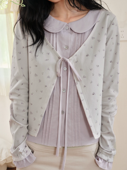 DAILY ARTIST - Purple Floral Faux-Layered Doll-Collar Knit Cardigan