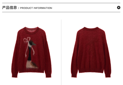 MAMC - Burgundy Bow Duck Jacquard Fuzzy Knit Sweater