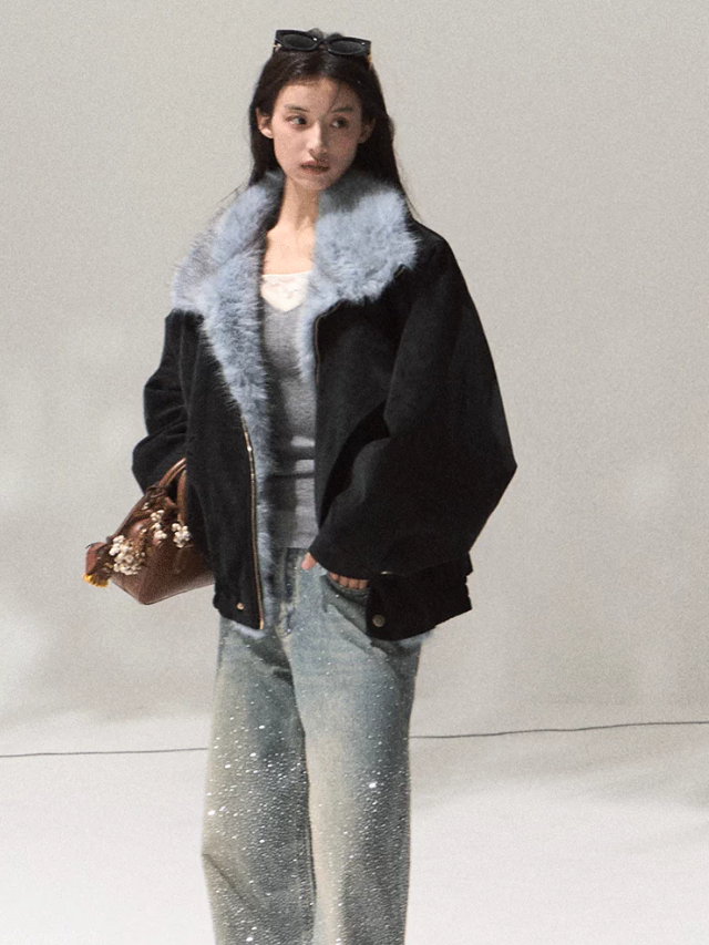 OAKMOO/ Quiet Black Faux Leather Jacket with Gradient Faux Fur Collar