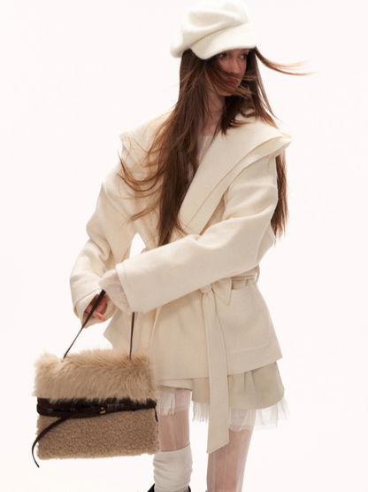 MAMC - White Double-Hood Wool Blend Tie Coat WE896