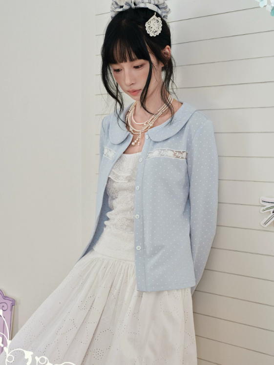 DAILY ARTIST - Light Blue Polka-Dot Peter Pan Collar Cardigan & Lace Cami Set