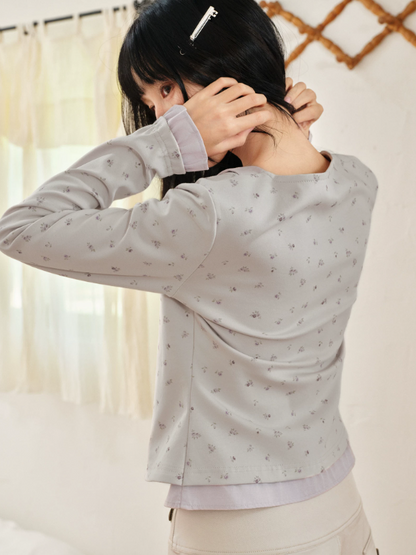 DAILY ARTIST - Purple Floral Faux-Layered Doll-Collar Knit Cardigan