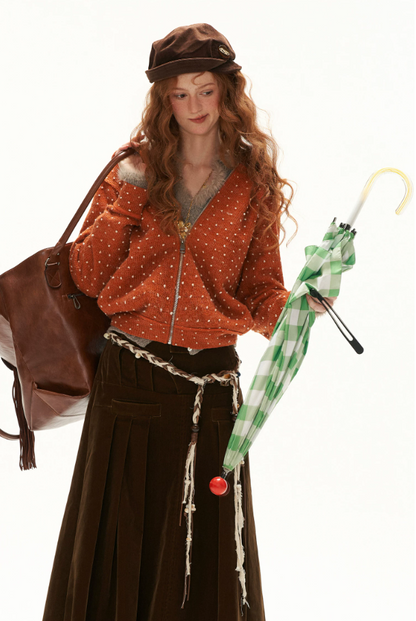 MAMC - Orange Polka Dot Textured Zip-Up Hooded Knit Cardigan