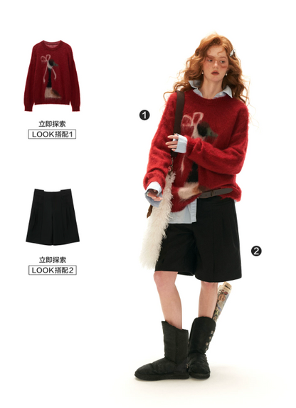 MAMC - Burgundy Bow Duck Jacquard Fuzzy Knit Sweater