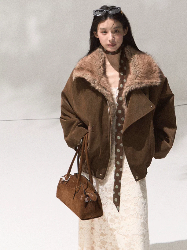 OAKMOO/ Slate Brown Faux Leather Jacket with Gradient Faux Fur Collar