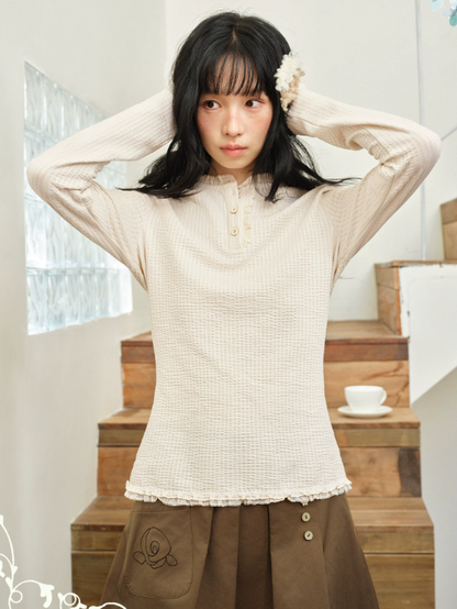 DAILY ARTIST - Cream Beige Henley Bubble Gauze Lace-Trim Top