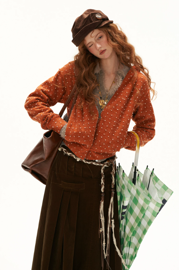 MAMC - Orange Polka Dot Textured Zip-Up Hooded Knit Cardigan