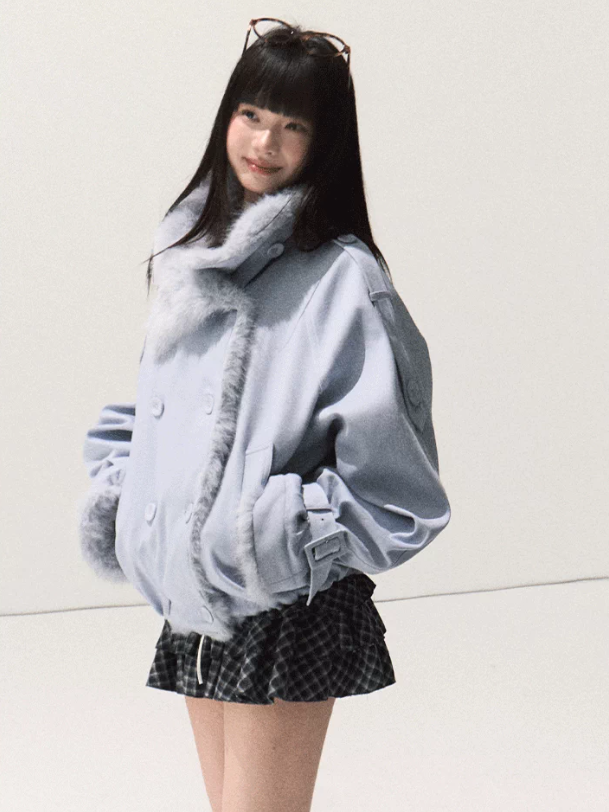 OAKMOO/ Iris Vine Blue Faux Fur Collar Cropped Parka Jacket