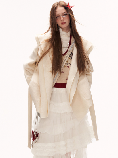 MAMC - White Double-Hood Wool Blend Tie Coat WE896