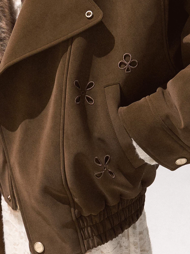 OAKMOO/ Slate Brown Faux Leather Jacket with Gradient Faux Fur Collar