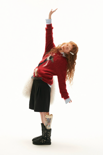 MAMC - Burgundy Bow Duck Jacquard Fuzzy Knit Sweater