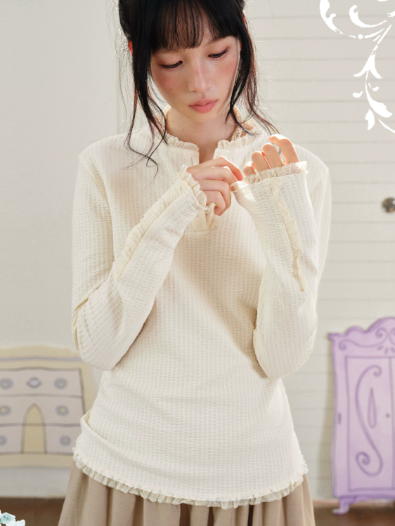 DAILY ARTIST - Cream Beige Henley Bubble Gauze Lace-Trim Top