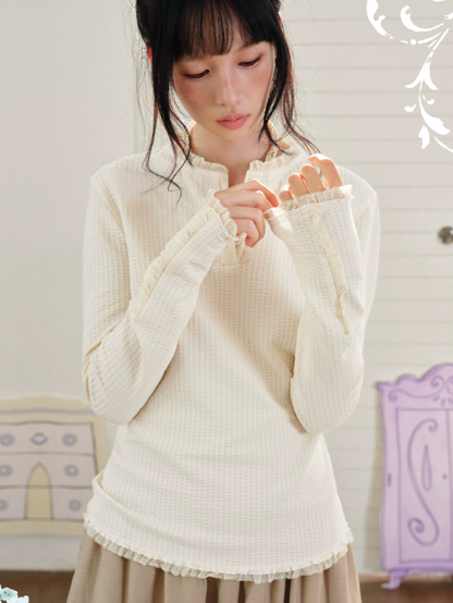 DAILY ARTIST - Cream Beige Henley Bubble Gauze Lace-Trim Top