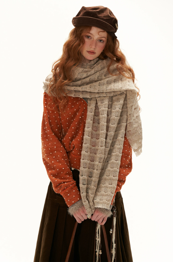 MAMC - Orange Polka Dot Textured Zip-Up Hooded Knit Cardigan